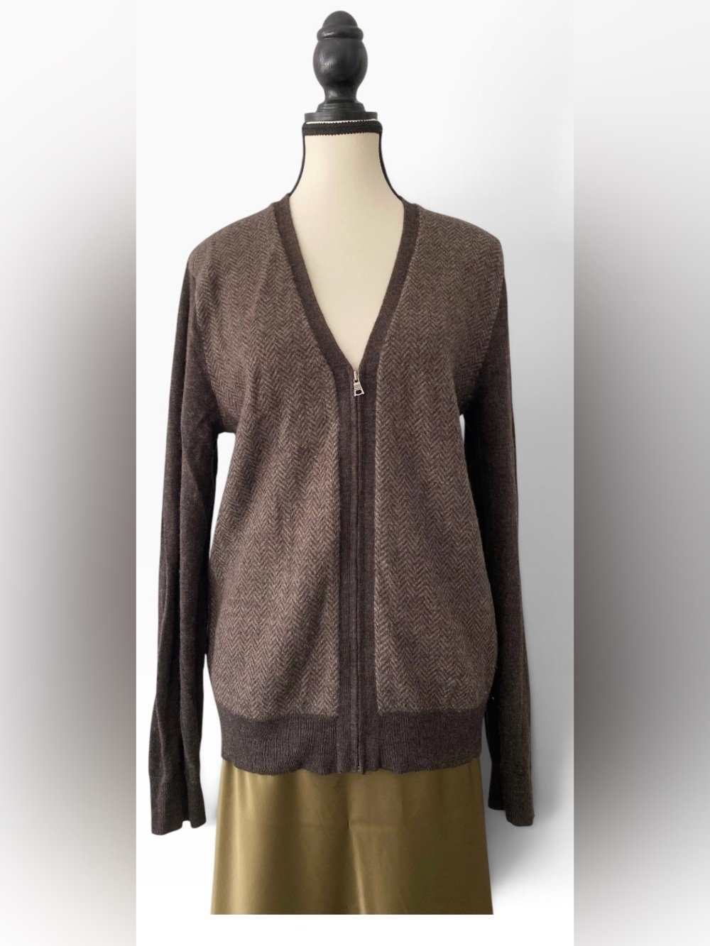 Banana Republic Brown Zip-Front V-Neck Cardigan Sweater 100% Merino Wool Size S